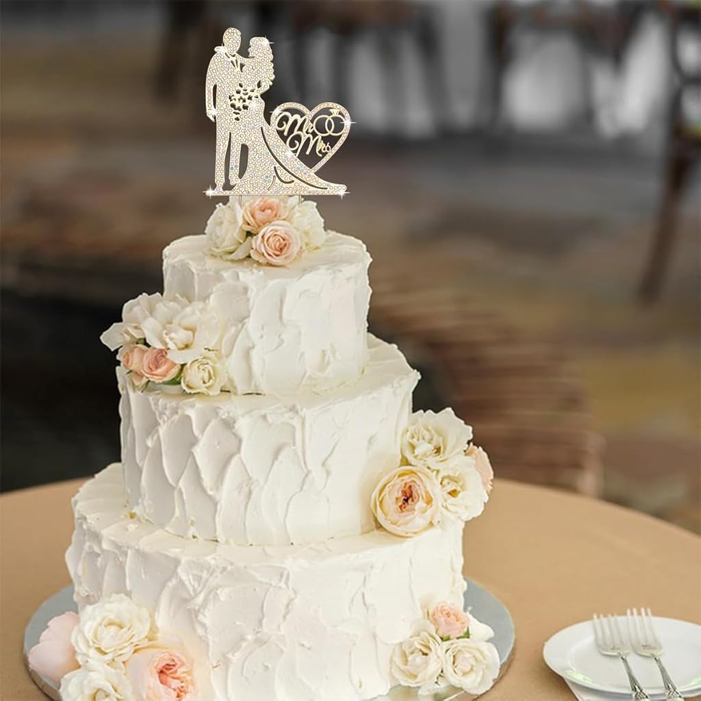 PALAY® Wedding Cake Topper Decorative Mr and Mrs Cake Topper for Wedding Cake Shining Rhinestone Embellishment Couple Cake Topper For Wedding, Engagement, Bridal Shower, Anniversary