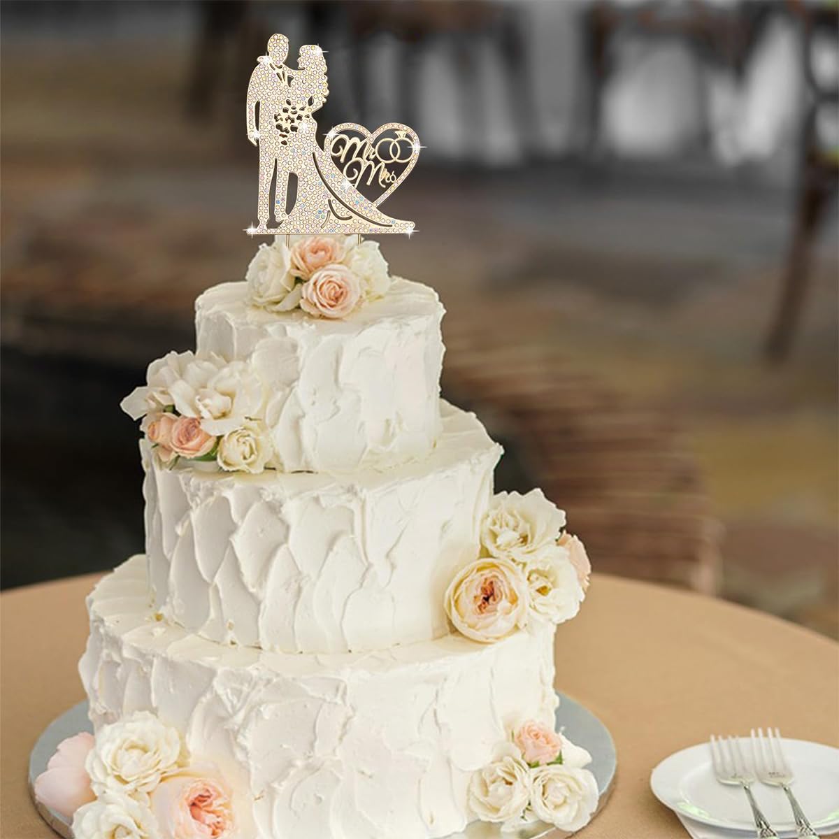 PALAY® Wedding Cake Topper Decorative Mr and Mrs Cake Topper for Wedding Cake Shining Rhinestone Embellishment Couple Cake Topper For Wedding, Engagement, Bridal Shower, Anniversary