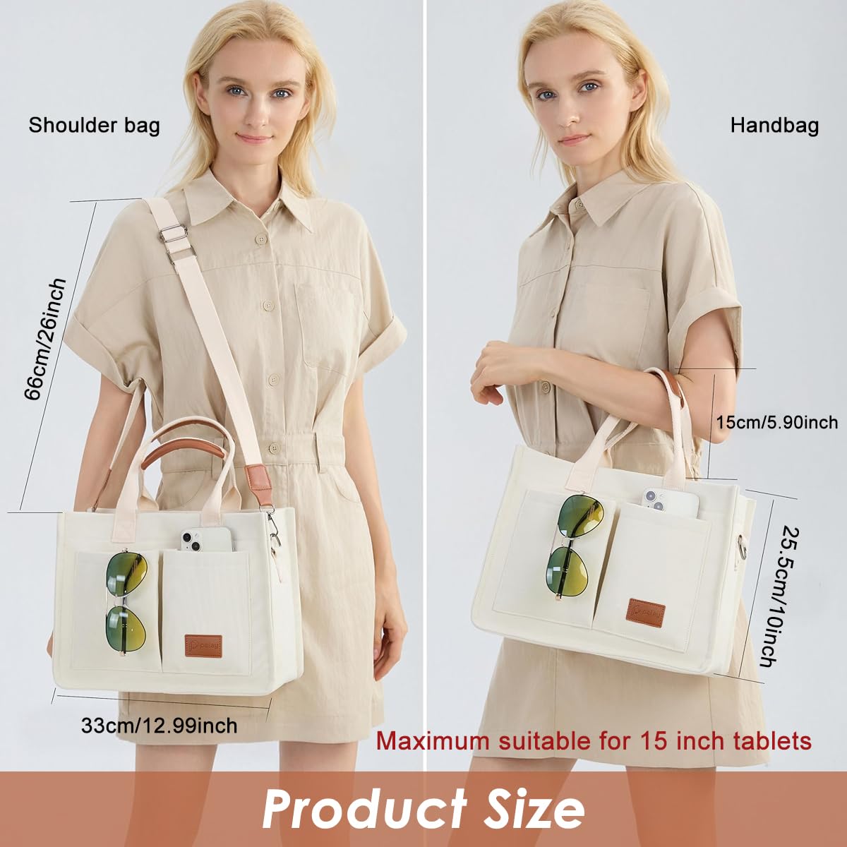PALAY Tote Bag for Women with Removable Strap and Multi Compartments 32×14×25 cm Beige Canvas | Casual Crossbody Handbag