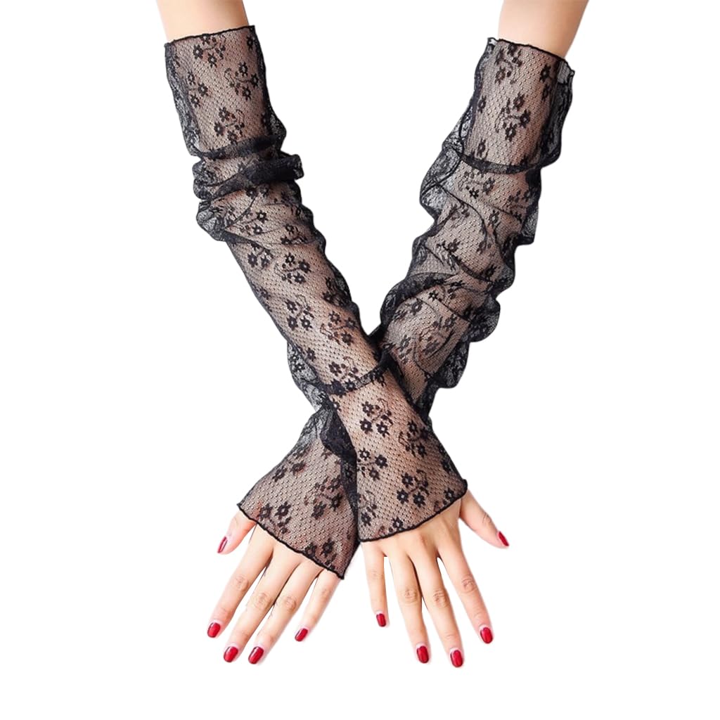 PALAY Lace Gloves for Women with Elegant Floral Mesh Design and 15.6 in Arm Length | Black Fingerless Bridal Accessory