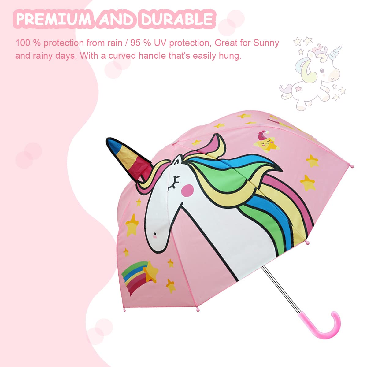 PALAY Kids Umbrella for Rain with 29 inch Canopy and Curved Handle | 3D Unicorn Design