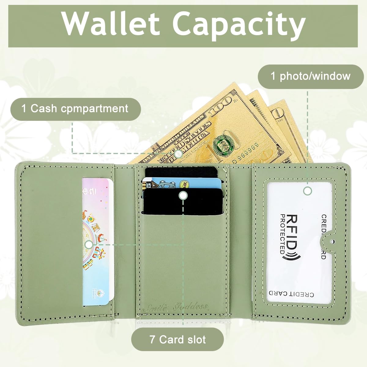 PALAY® Girls Wallet Women Wallet PU Leather Card Holder Girls Wallet Cute Flower Snap Button Wallet with Lovely Heart Shaped Photo Window Gift Wallet for Girls Christmas Gift, Green