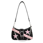 PALAY® Chic Shoulder Bag for Girls Canvas Handbag with Chain Charm Small Hobo Bag Stylishly Sweet Y2K Star Patchwork Letter Printed Handbag Casual Small Shoulder Bag Zipper Bag, 23x7x13cm