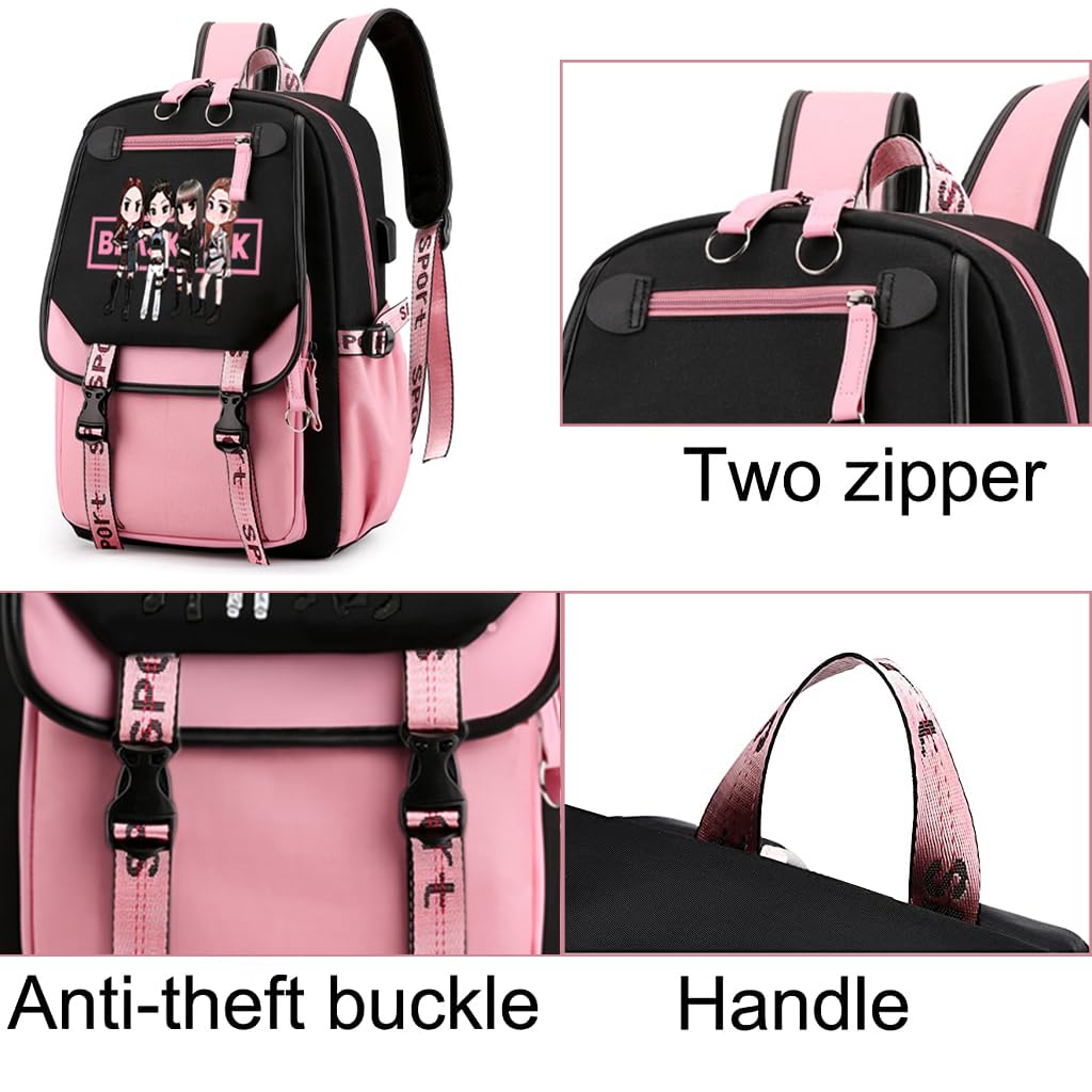 PALAY Black Pink School Bag for Girls with USB Cable Jack and 15.6 in Laptop Compartment