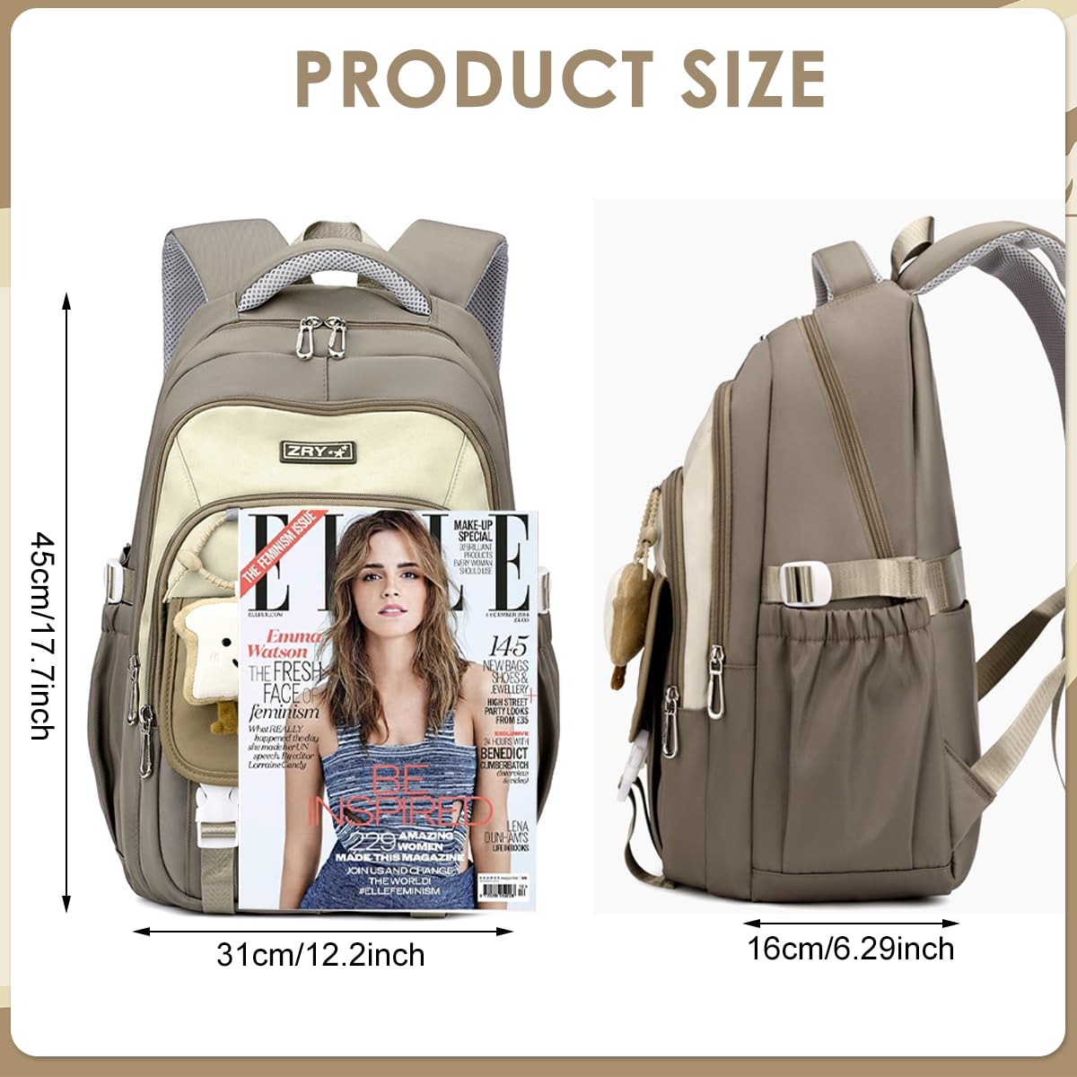 PALAY School Backpack for Girls with 3 Zip Compartments and Padded Straps | Khaki Nylon