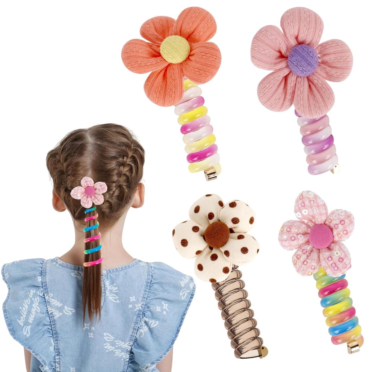 PALAY® 4pcs Spiral Hair Ties for Girls Colorful Braids Telephone Wire Hair Band for Kids Cute Cartoon Elastic Hair Tie Ponytail Holder Maker Hair Accessories for Girls Children