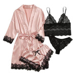 PALAY Pajama Set for Women with Silk Robe and Black Lace Bra | 4pcs Dacron Lingerie