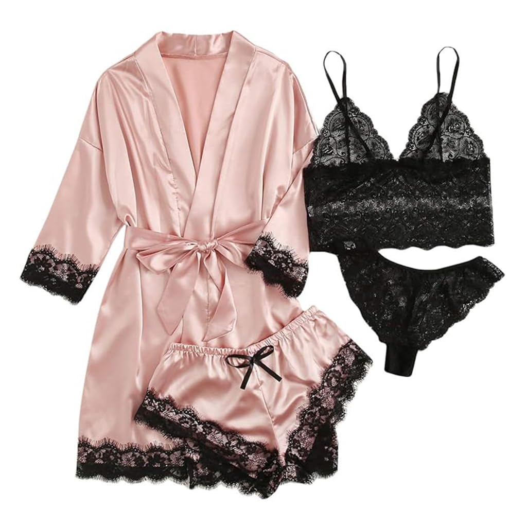 PALAY Panty Set for Women featuring 4pcs Silk Robe with Black Lace Bra and Matching Panties