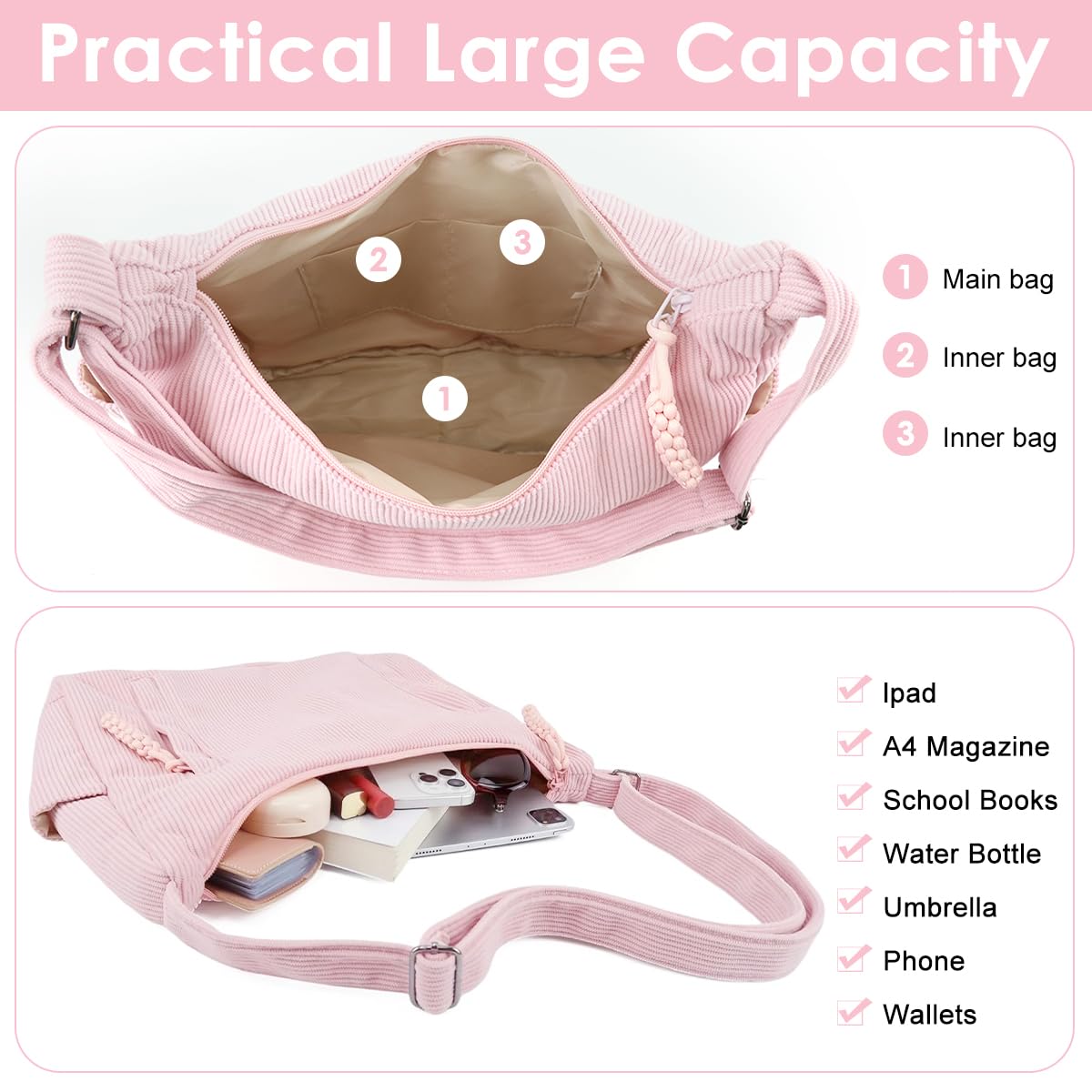 PALAY Corduroy Hobo Bag for Women with Adjustable Strap and Multi Pockets in Pink