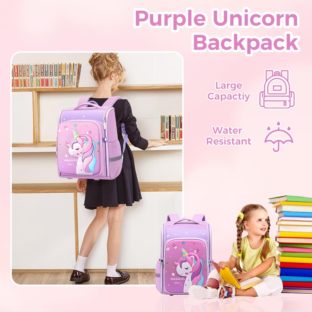 PALAY Unicorn Backpack for Girls with 31×21×41 cm Large Capacity | Cute Purple School Bag
