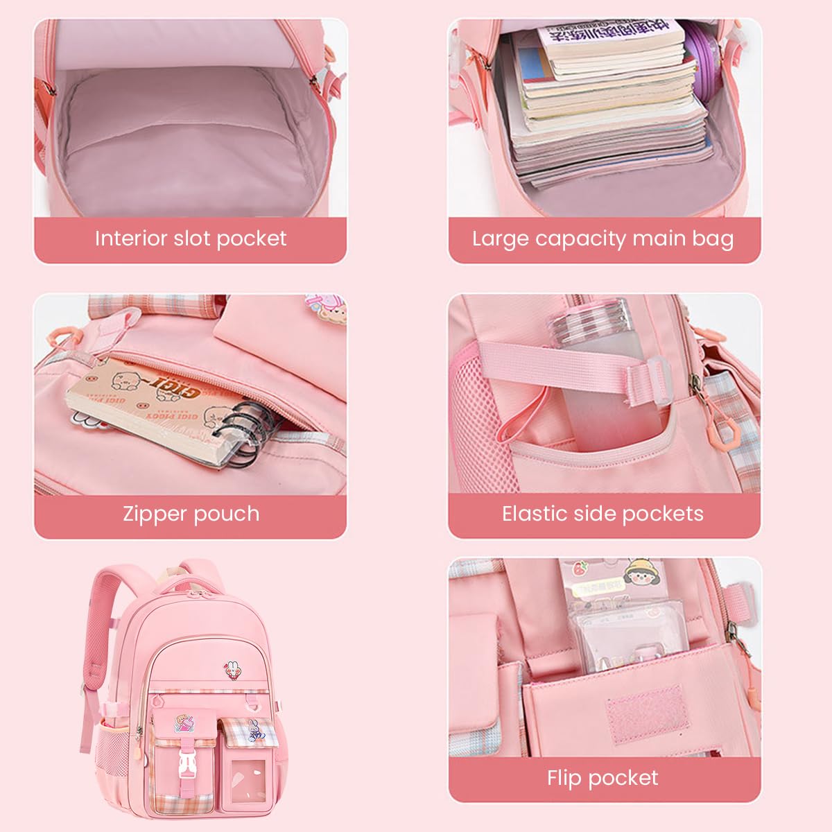 PALAY School Backpack for Girls with 3D Ergonomic Back 41×29×17cm Waterproof Oxford | Pink 2 PCS Set