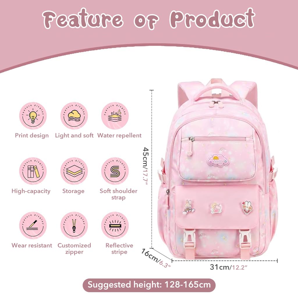 PALAY® School Backpack for Girls Cute Pink Cartoon Print Backpack Schoolgirls Travel Backpack 15.6 inches Waterproof Oxford Cloth Multi Compartment Backpack Birthday Gift Christmas Gift for Girls