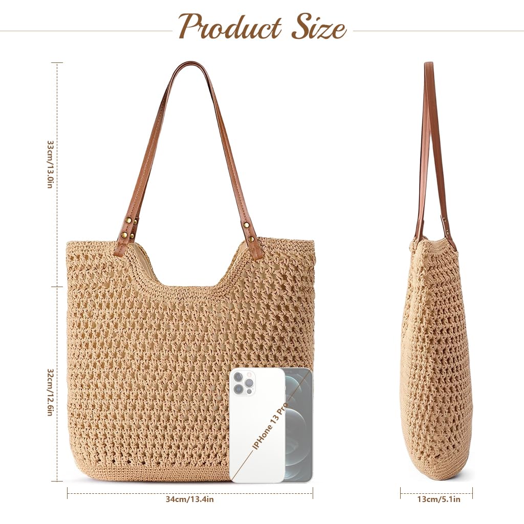 PALAY Crochet Beach Bag for Women featuring Leather Straps and Zipper Closure | Handmade Cotton Rope Tote