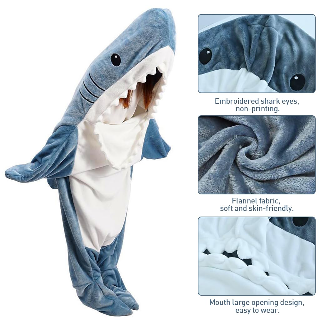 PALAY® Shark Blanket Pajamas for Girls and Boys Teen Soft Fleece Blanket Warm Plush Shark Wearable Blanket Hoodie Onesie Shark Sleeping Bag Pajamas Party Halloween Costumes - M