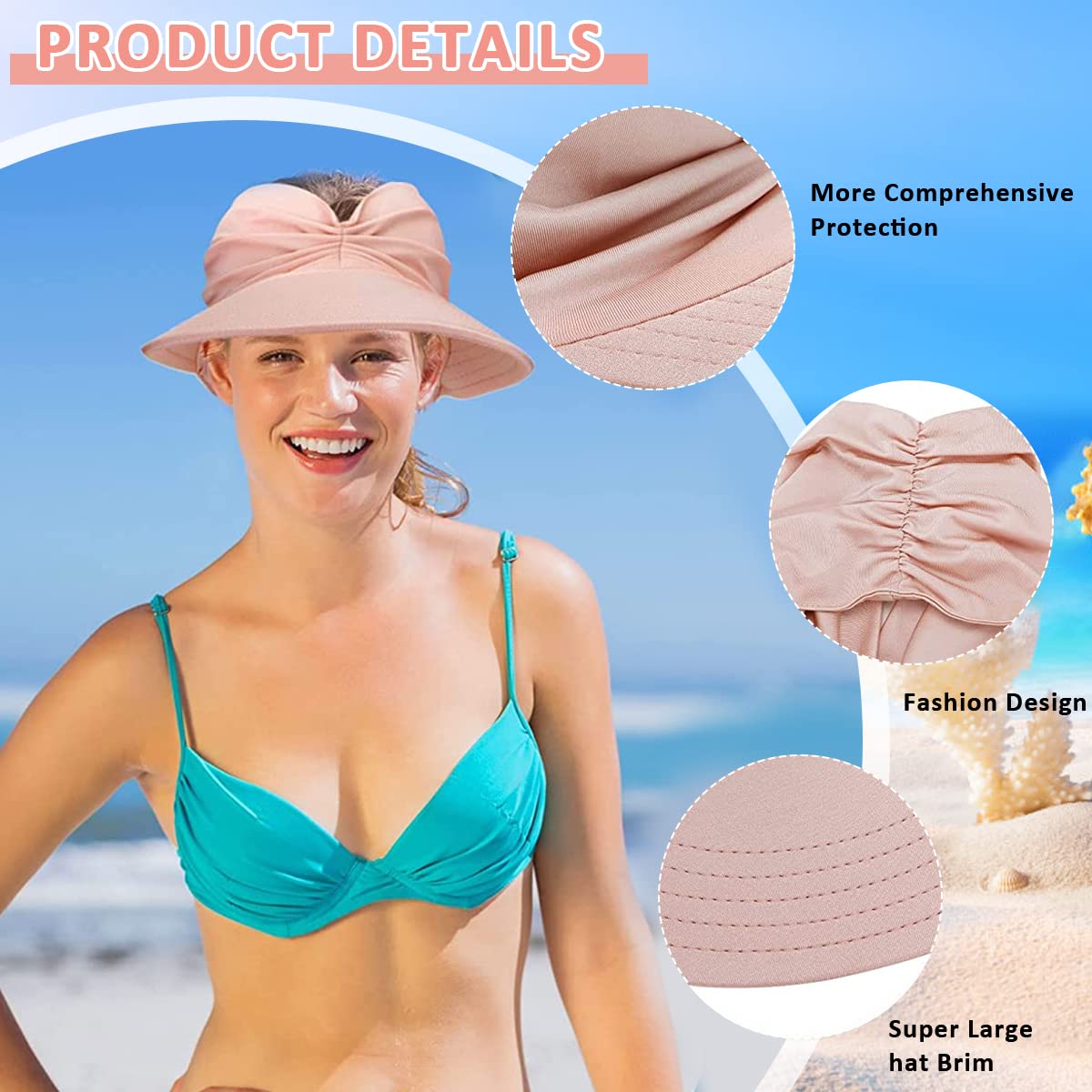 PALAY Sun Hat for Women featuring Wide Brim UV Protection and Pearl Embroidery | Adjustable Beige Visor for Beach and Summer Wear