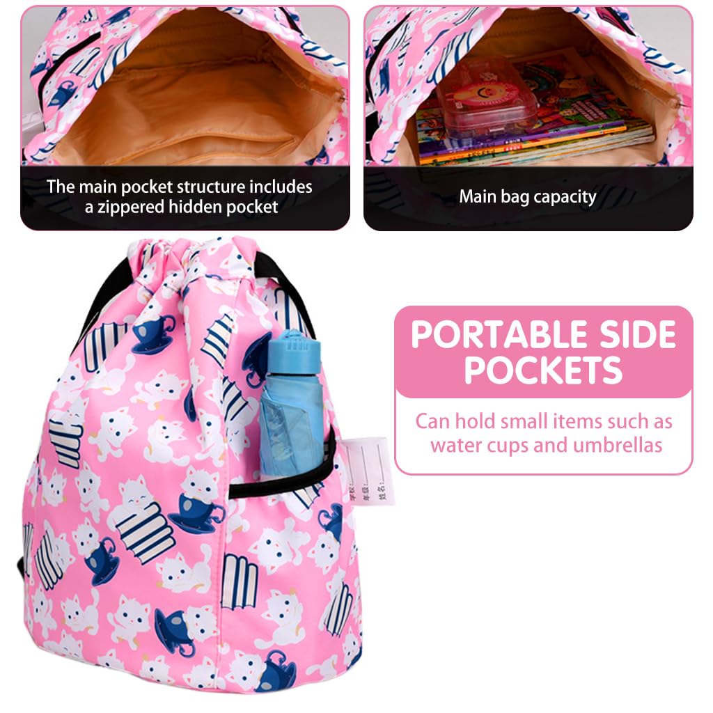 PALAY Drawstring Backpack for Kids with Adjustable Shoulder Strap and Pink Cartoon Print | 28x36cm Waterproof Nylon Bag