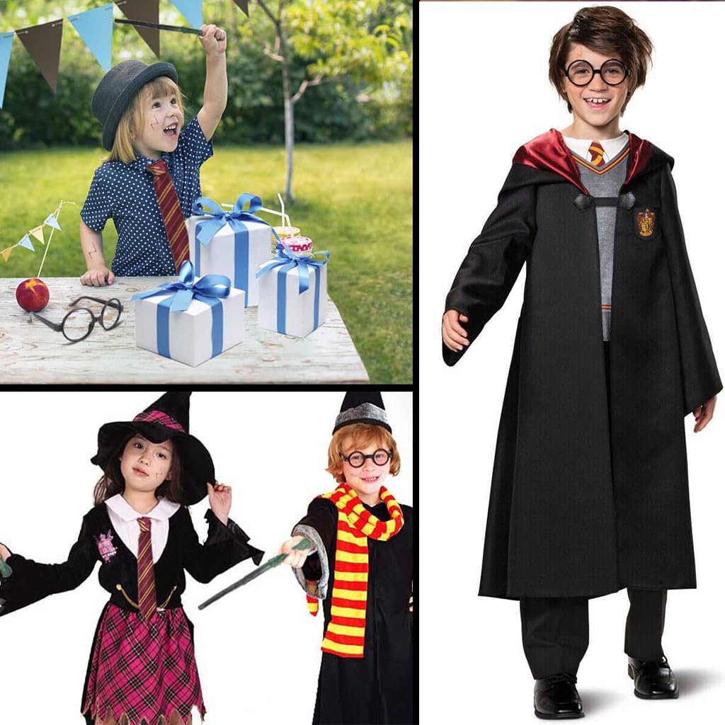 PALAY® Gryffindor Costume Set Halloween Costume Set of 5Pcs Magic Harry Pottery Costume Set with Glasses, Magic Wand, Robe, Scarf, Tie, Cosplay Costume For Kids 125-135 cm