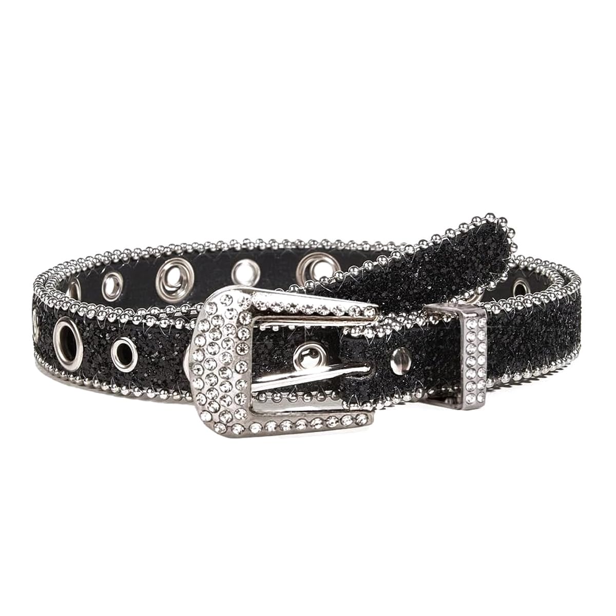 PALAY Waist Belt for Women featuring Sparkling Rhinestones and 44 in Adjustable Eyelets | Black Leather Style