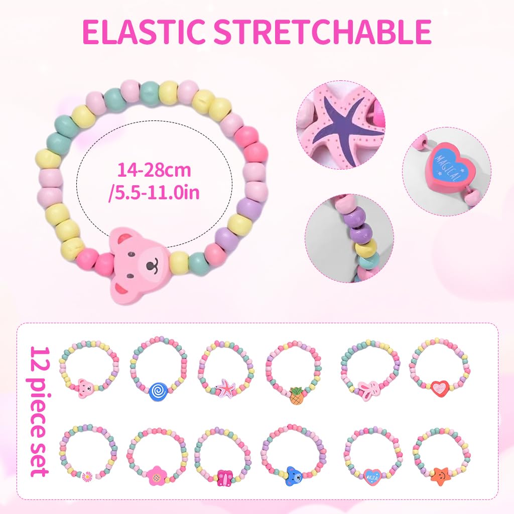 PALAY Bracelets Set for Girls featuring 12Pcs Elastic Wooden Beads | Cute Cartoon Design
