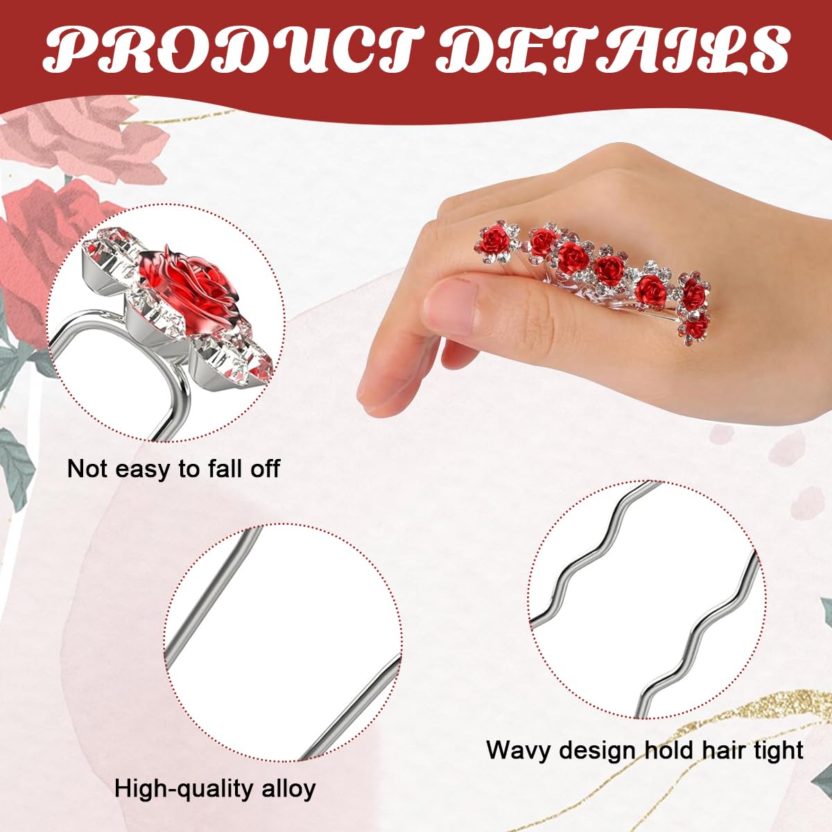 PALAY® 20Pcs Hair Pins for Women Stylish Rose Flower Bridal Hairpin Crystal Hair Stick for Bun Red Rose Juda Pins for Hair Bun Fancy Wedding Hair Bun Pin for Women Girls Bridesmaids