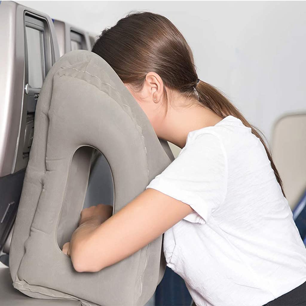 PALAY Inflatable Travel Pillow for Airplanes and Office Napping featuring Built In Hand Pump | Grey PVC Flocking