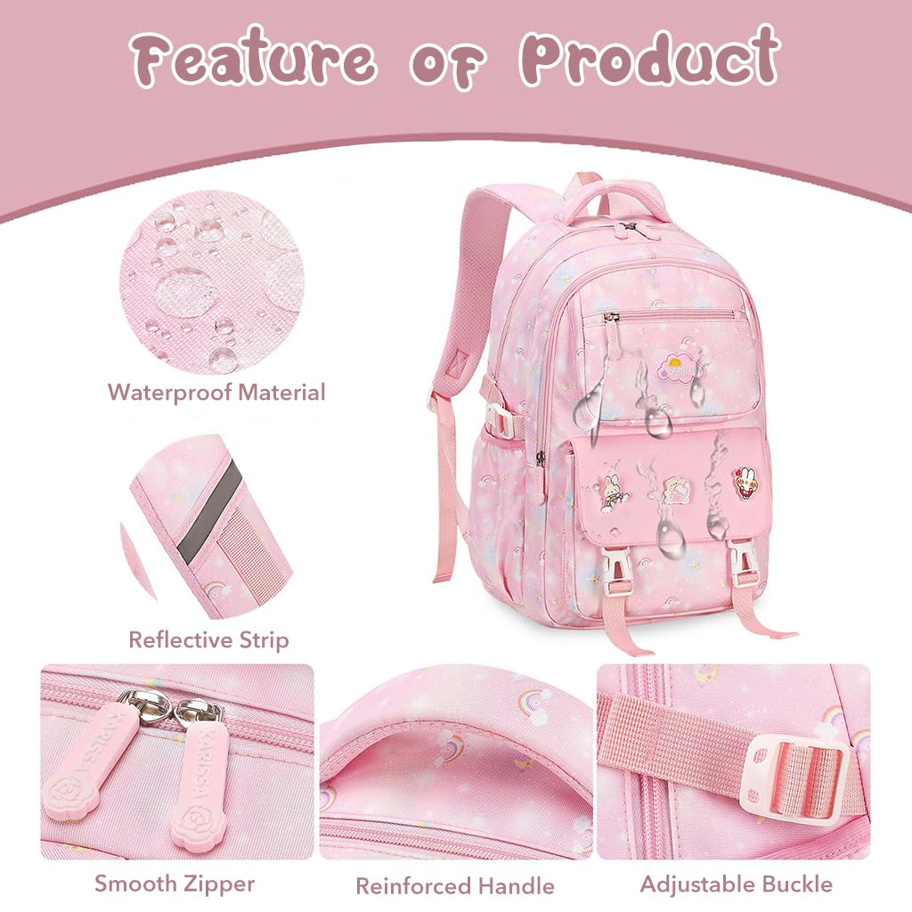 PALAY® School Backpack for Girls Cute Pink Cartoon Print Backpack Schoolgirls Travel Backpack 15.6 inches Waterproof Oxford Cloth Multi Compartment Backpack Birthday Gift Christmas Gift for Girls