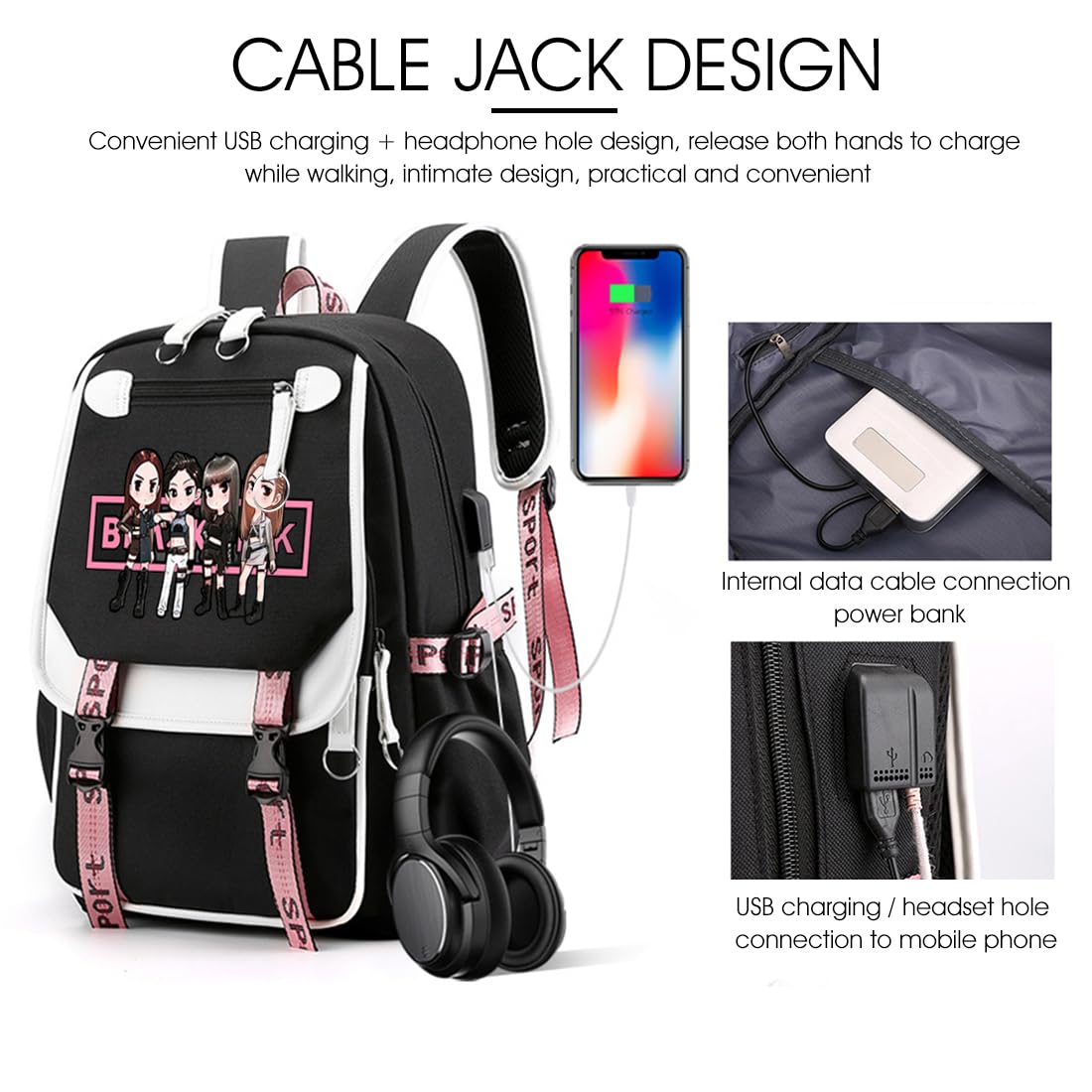 PALAY Blackpink School Backpack for Girls with USB Charging Port and 15.6 in Laptop Fit | Nylon Travel Bag