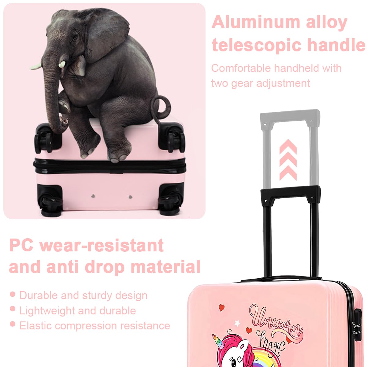 PALAY® Kids Travel Luggage 20'' Wheeled Luggage with Combination Password Lock Sturdy PC Travel Suitcase Cute Cartoon Unicorn Carry-on Wheeled Luggage Travel Roller Luggage School Gift for Students