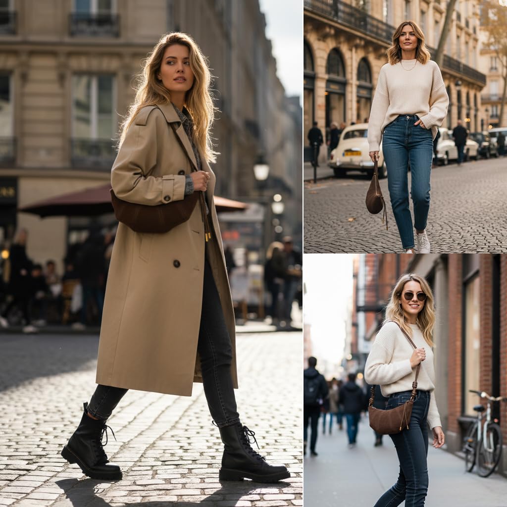 PALAY Shoulder Bag for Women featuring Knotted Strap and Zipper Closure 27x7x15 cm Brown Suede | Stylish Day to Evening Crossbody