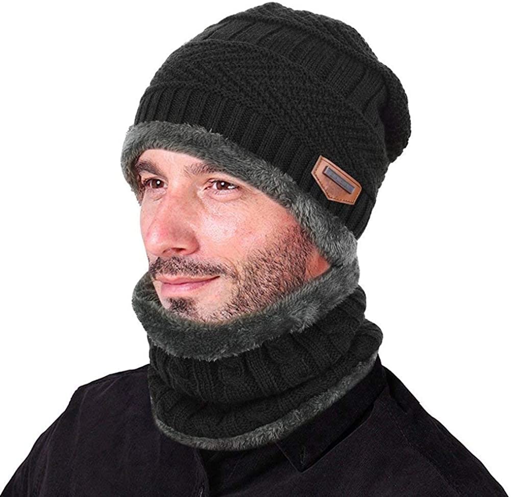 PALAY Knitted Hat and Scarf Set for Winter with Plush Edging and Fleece Lining | Navy Blue