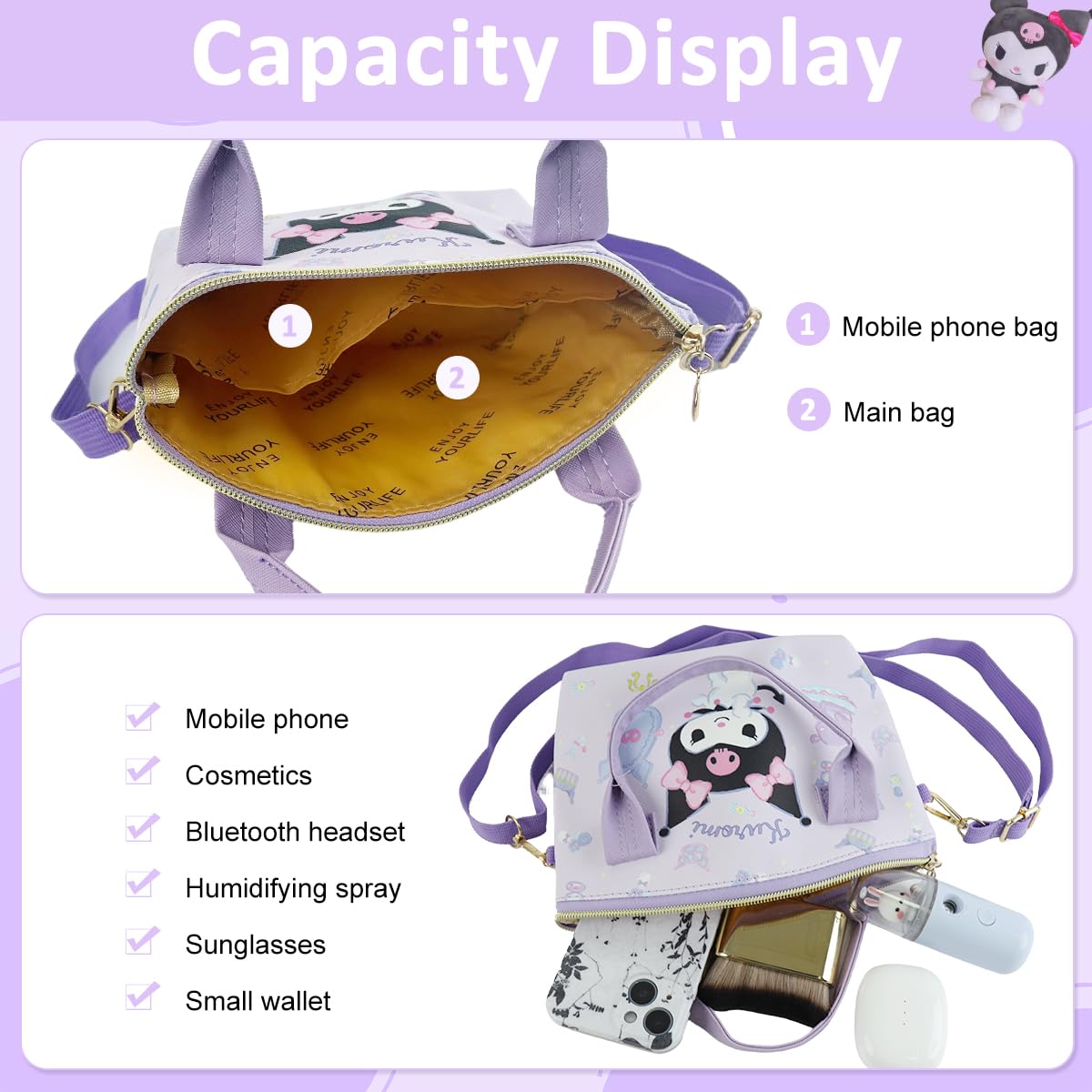 PALAY® Kawaii Handbag for Girls Cartoon Purple Kuromi Mini Tote Handbag with Shoulder Strap Girls Mini PU Crossbody Handbag Purse Kuromi Tote Bag Gift Handbag for Girls, 16x7x22cm