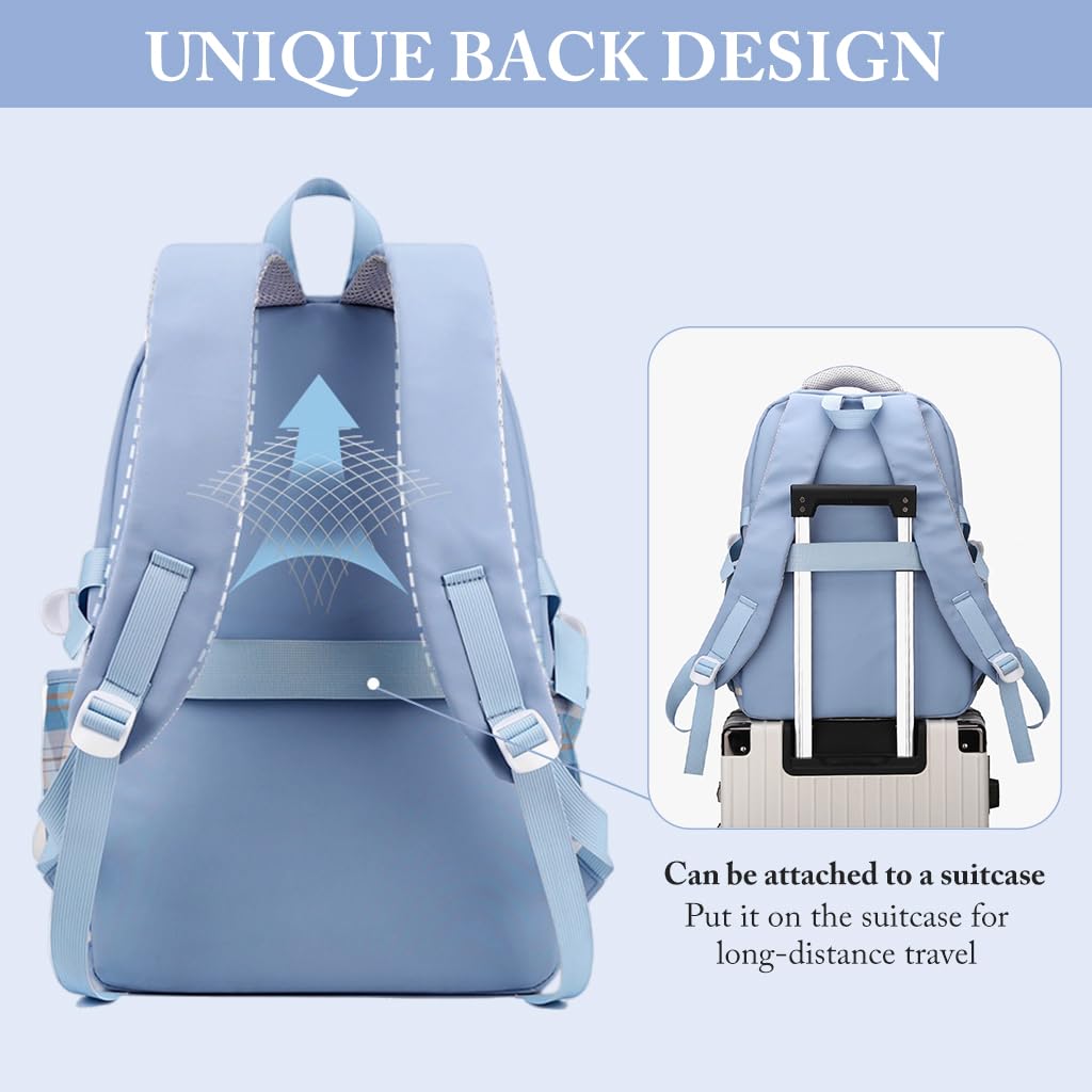 PALAY® School Backpack Fashion School Backpack for Girls Multi Compartments Blue Plaid Backpack Padded Handle & Shoulder Straps Burden-relief School BackpackTravel Backpack School Gifts for Girls
