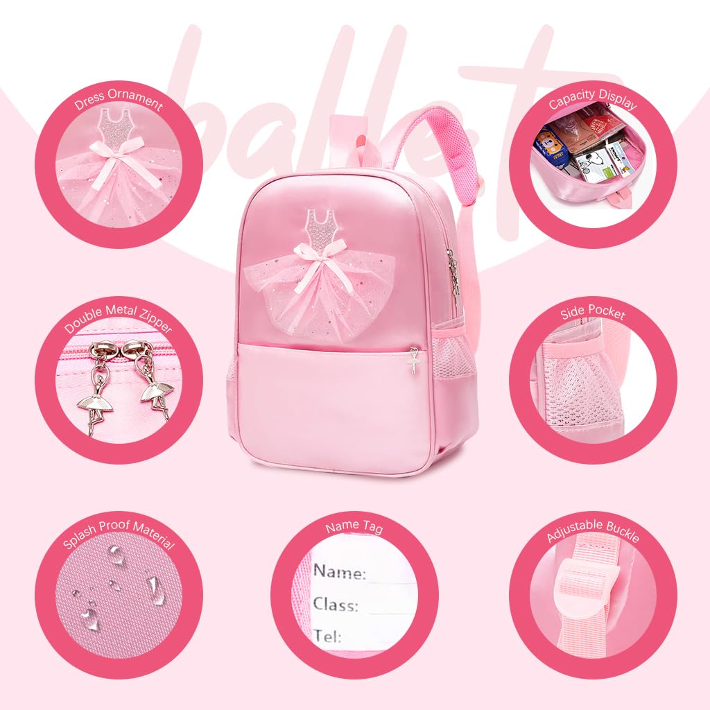 PALAY Girls Backpack for School and Travel with Writable Name Tag | Pink Nylon Ballet Dress Design
