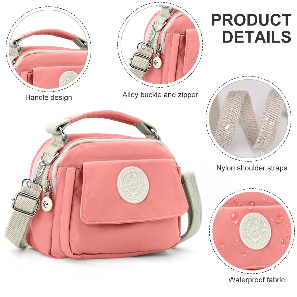 PALAY Womens Crossbody Bag for Travel with Triple Zipper Layers 21x10x18cm Waterproof Pink