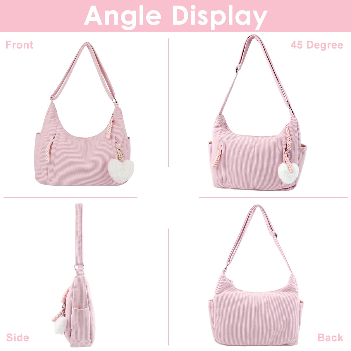 PALAY Corduroy Hobo Bag for Women with Adjustable Strap and Multi Pockets in Pink