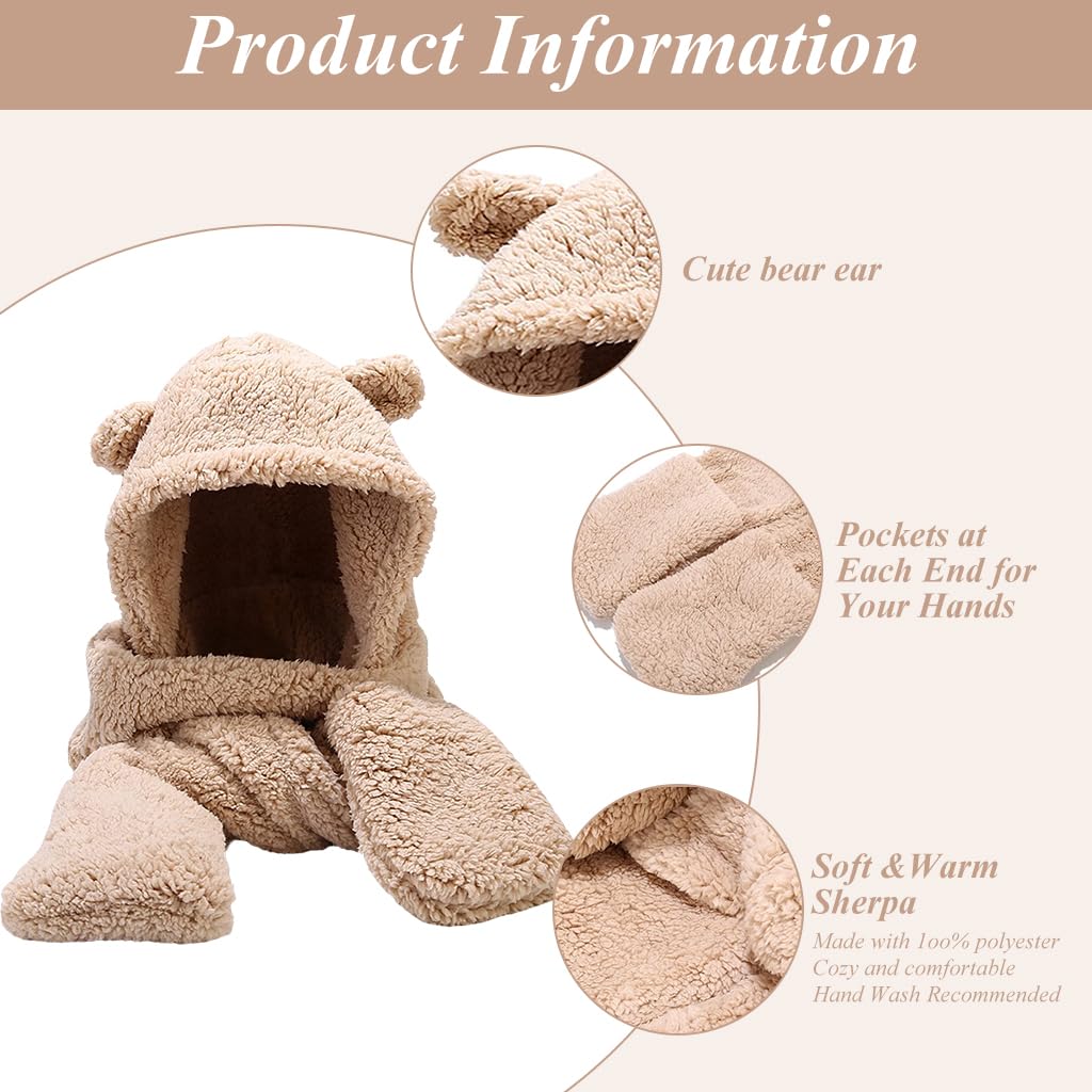 PALAY® Kawaii Winter Scarf Hat for Girls 3 In 1 Cute Bear Ear Warm Scoodie Scarf Hat Extended Long Scarf & Intergrated Gloves Fashion Winter Scarf Hat Gift for Girls