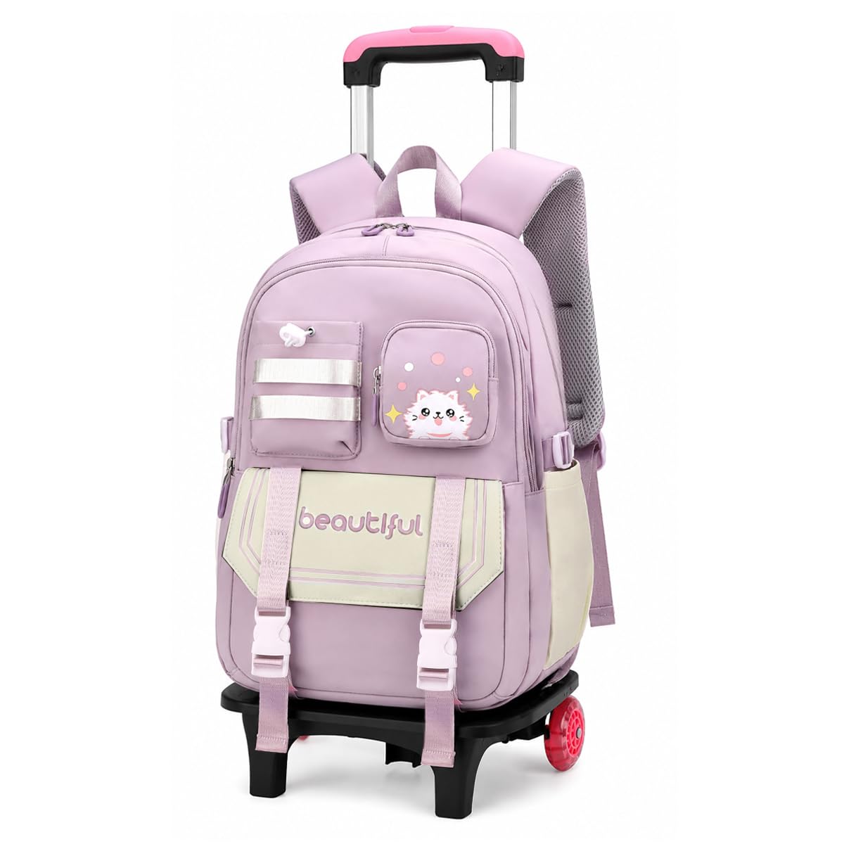 PALAY Pink Cat Trolley School Backpack with Wheels 2-in-1 Rolling School Bag