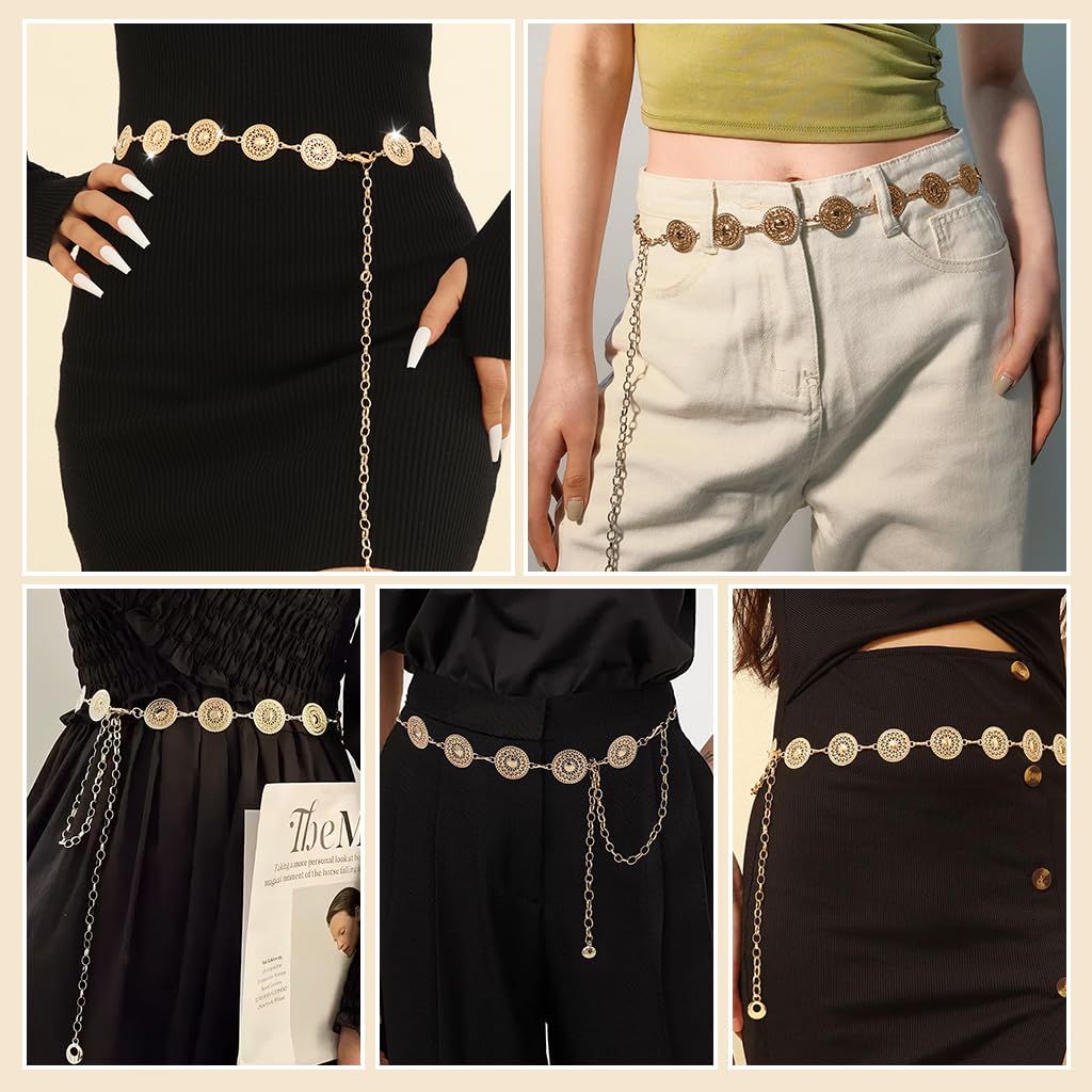 PALAY Belt for Women Dresses featuring Metal Concho Waist Chain in Gold | Adjustable Boho Hip Accessory