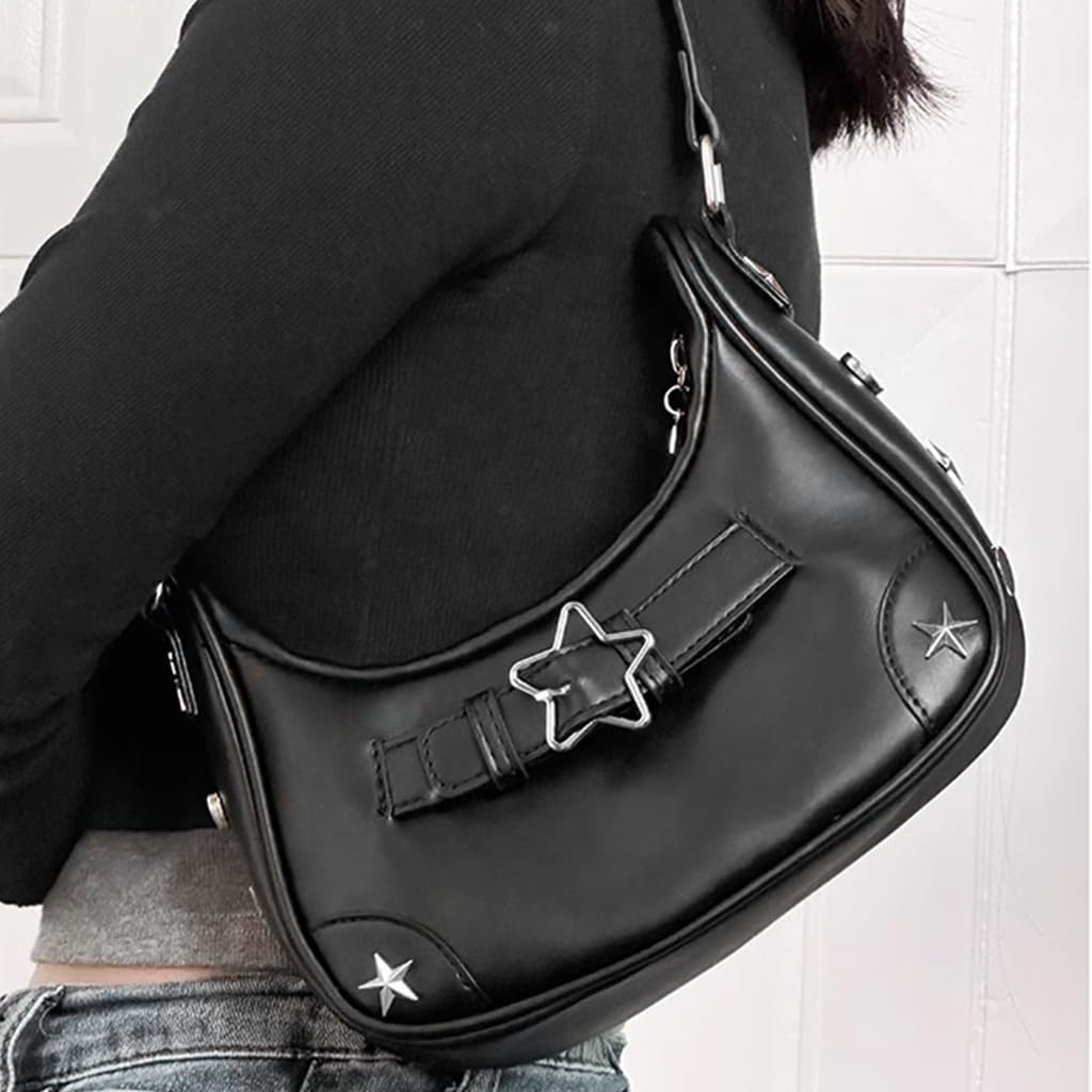 PALAY Shoulder Bag for Evening and Casual Use with Star Rivets 21.5x5.7x11cm Black | PU Handbag for Women