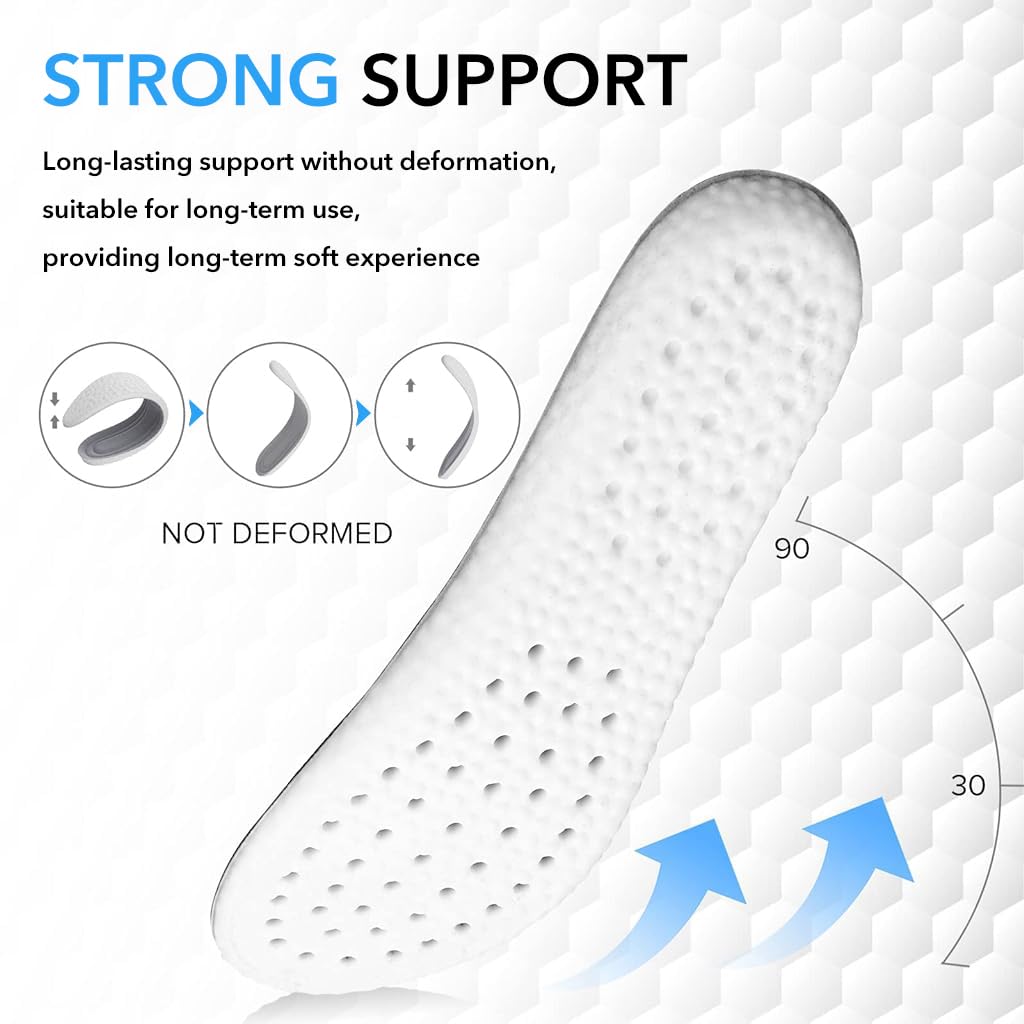 PALAY® 2 Pairs Memory Foam Shoe Insoles, Shock Absorption Inserts Arch Support Cushioning Sports Insoles Soft Comfortable Replacement Insoles for Men Women (Men: UK 8-11, Grey)