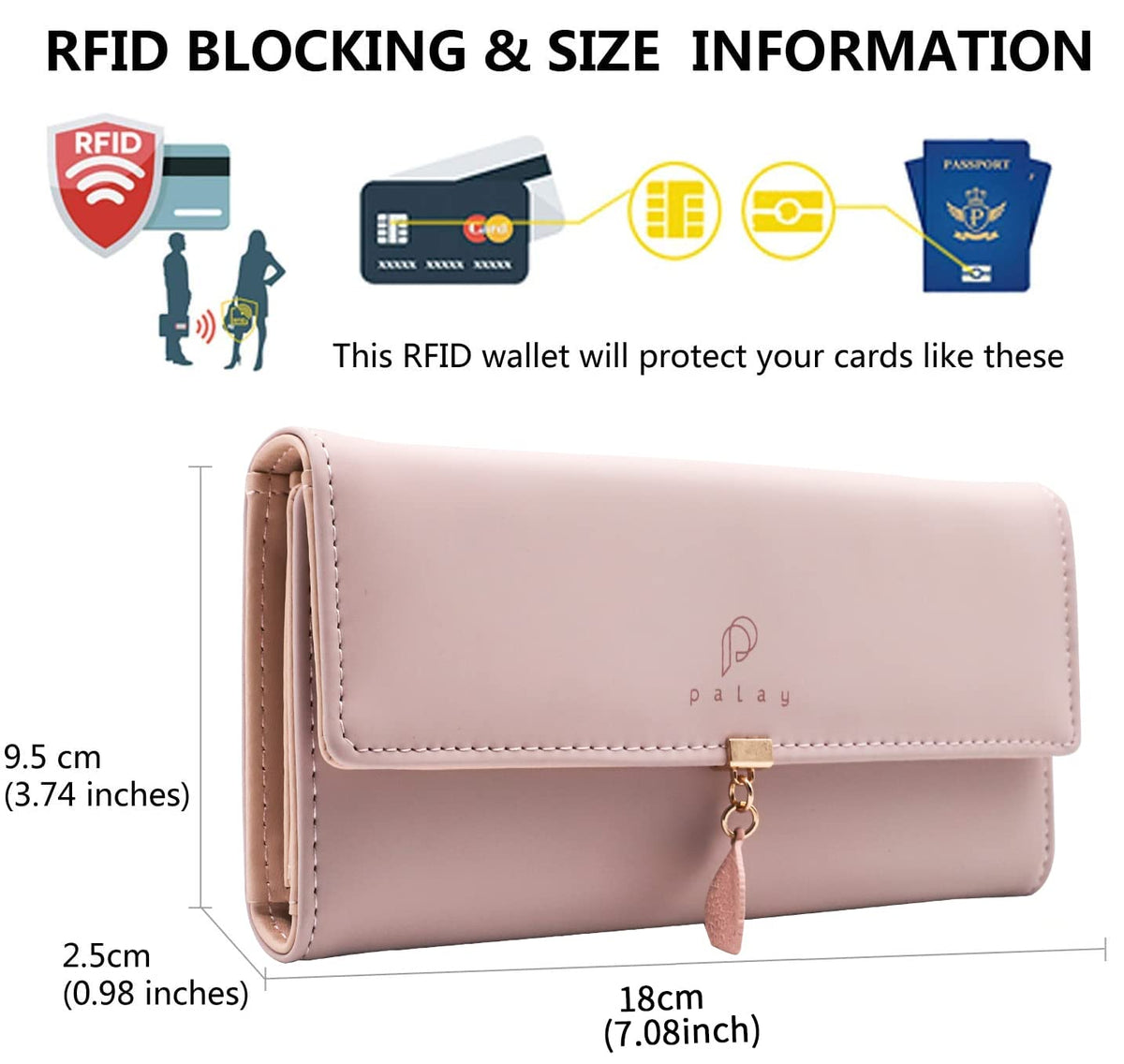 PALAY Womens PU Leather Long Wallet with Leaf Pendant and Zipper Coin Purse 7.48x3.7x0.82 in