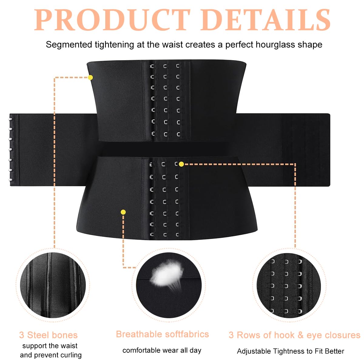 PALAY Waist Trainer for Women with 3 Section Adjustable Buckle 6 Row Fit, XL Black | Tummy Control and Lumbar Support
