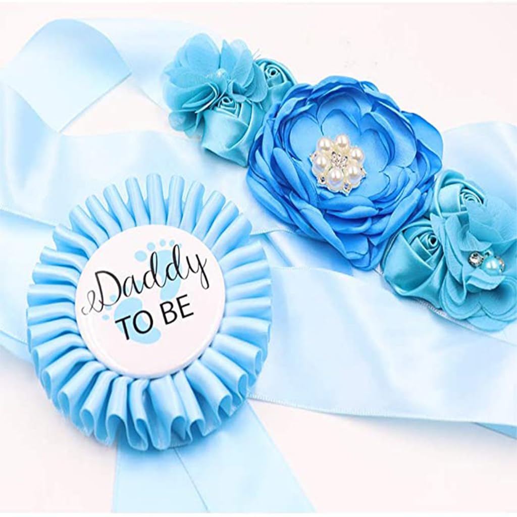 PALAY Mom to Be Flower Sash Set for Baby Shower with 70 in Belt and Blue Chiffon Flowers | Daddy to Be and Mommy to Be Pins
