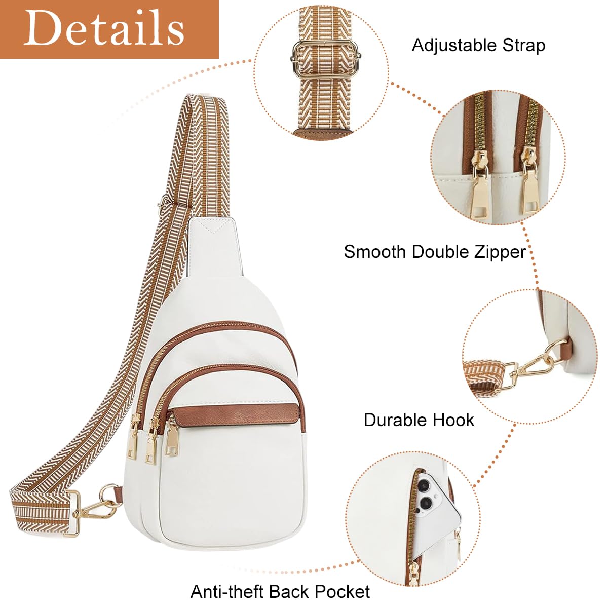 PALAY® Fashion PU Chest Bag for Women Chic Triple Layer Zipper Chest Bag with Nylon Webbing Print Strap Design Casual Sling Bag Crossbody Bag Multipurpose Chest Bag for Office, Hiking, Travel