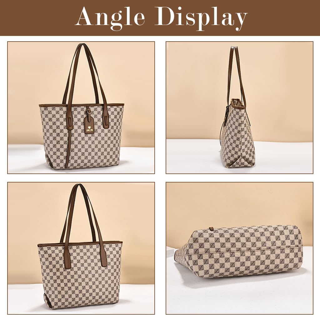 PALAY® Women Tote PU Leather Fashion Khaki Checked Tote Bag Women Casual Bag Large Shoulder Bag Laptop Carry Bag for Office, Travel, 34x14x29cm