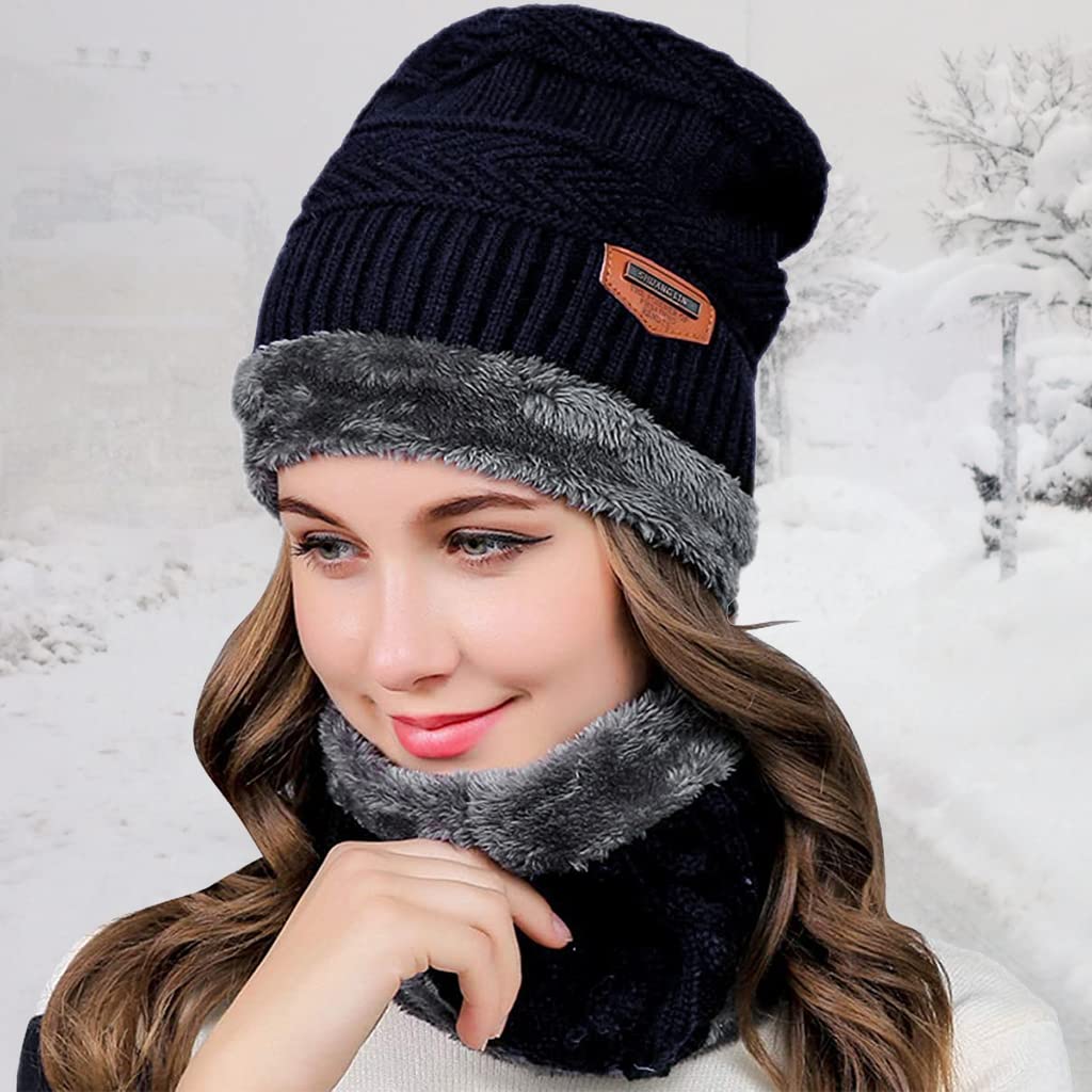 PALAY® Navy Blue Winter Warm Knitted Hats with Neck Gaiter Knitted Scarf Set,Beanie Cap Hat Neck Hat for Men and Women