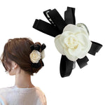 PALAY Large Bow Hair Claw Clip for Women with Camellia Flower Design and Strong Hold | Black
