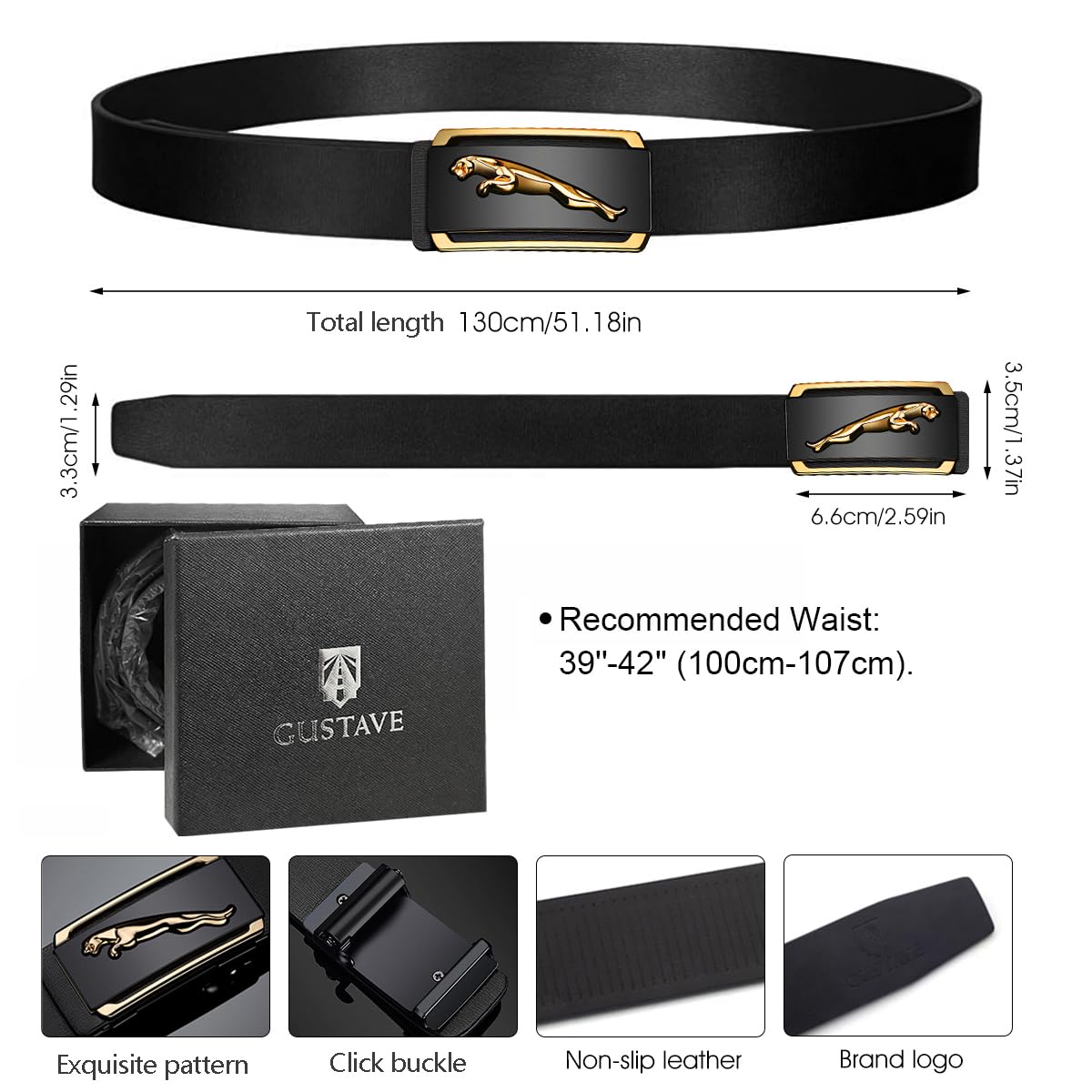 PALAY® Leather Belt Auto Adjustable with Lock Buckle for Men,Fashion Golden Leopard Pattern Design,Long 130cm