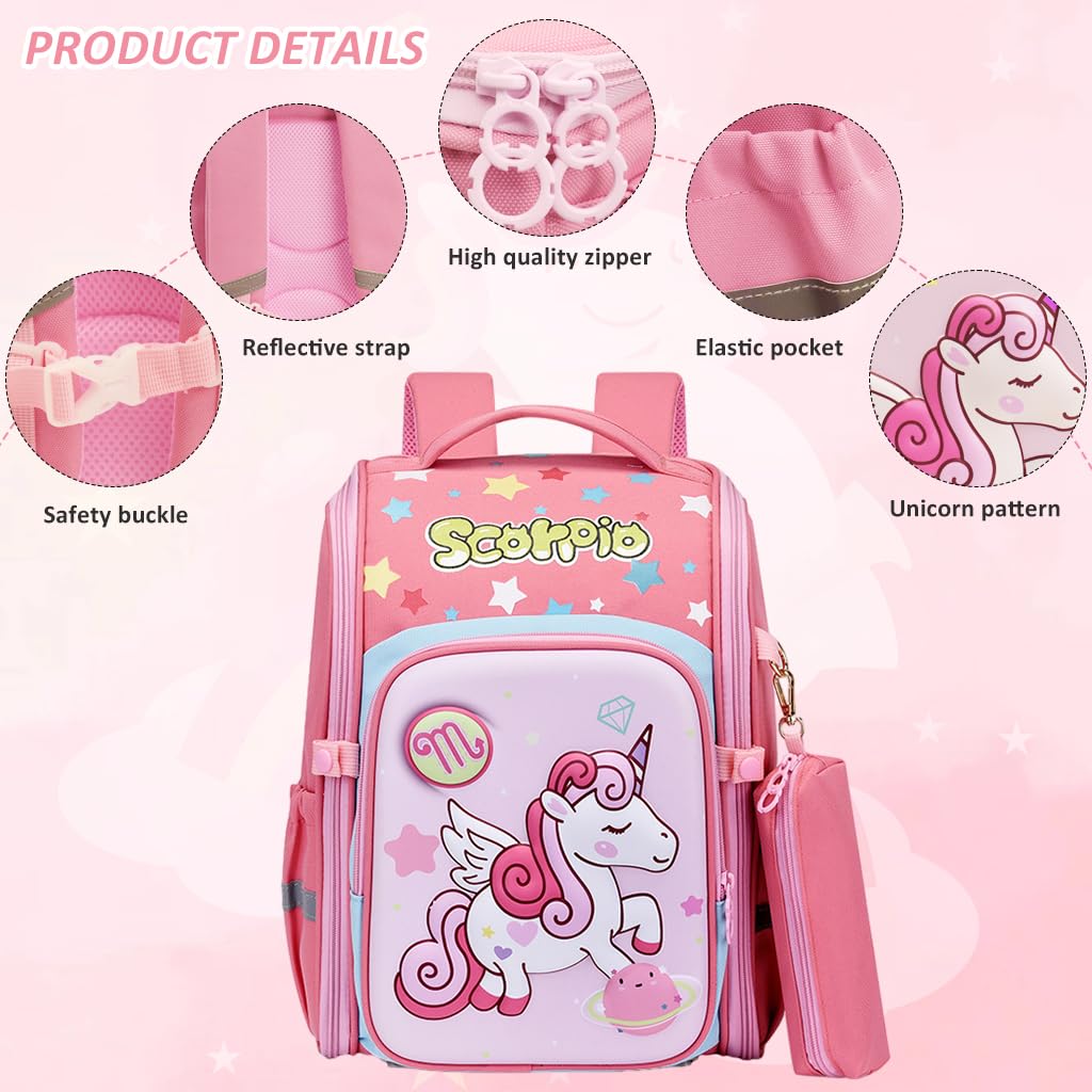 PALAY Unicorn Cartoon School Backpack for Girls with 27x17x39cm Dual Zipper Design | Ergonomic Burden‑Relief Pink Bag