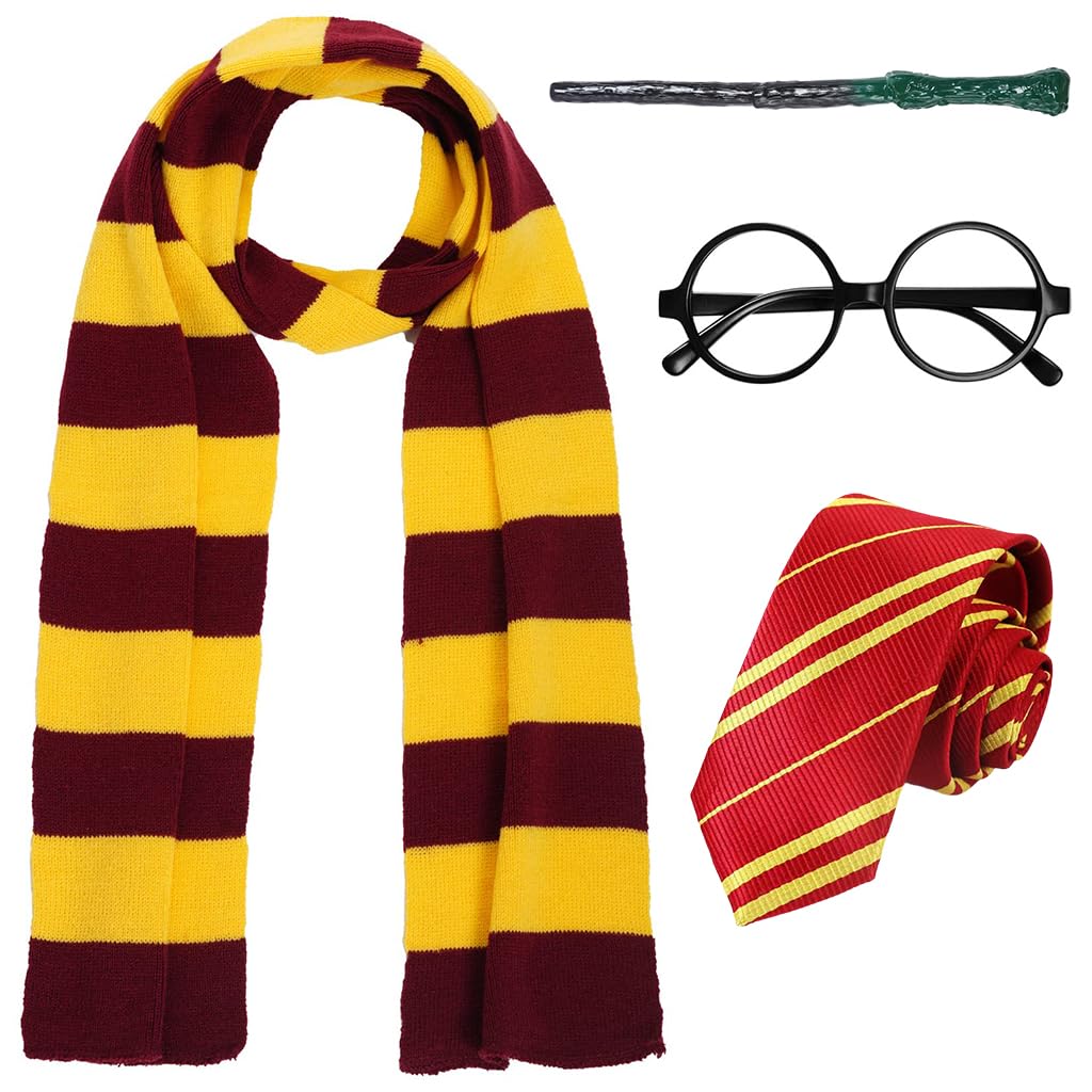 PALAY® Gryffindor Costume Set Halloween Costume Set of 5Pcs Magic Harry Pottery Costume Set with Glasses, Magic Wand, Robe, Scarf, Tie, Cosplay Costume For Kids 125-135 cm